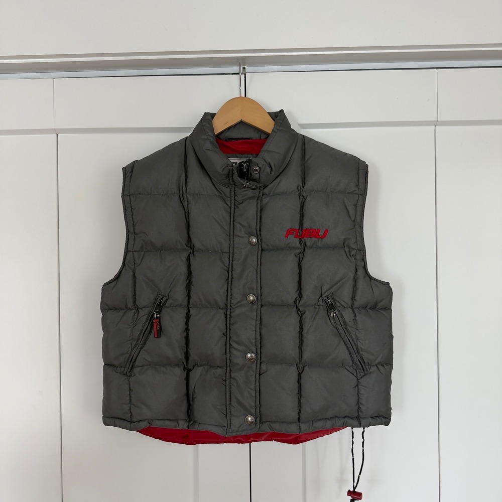 Mens Fubu Sport Puffer Vest XL Grey Red Embroidered Logo Streetwear 90s Style